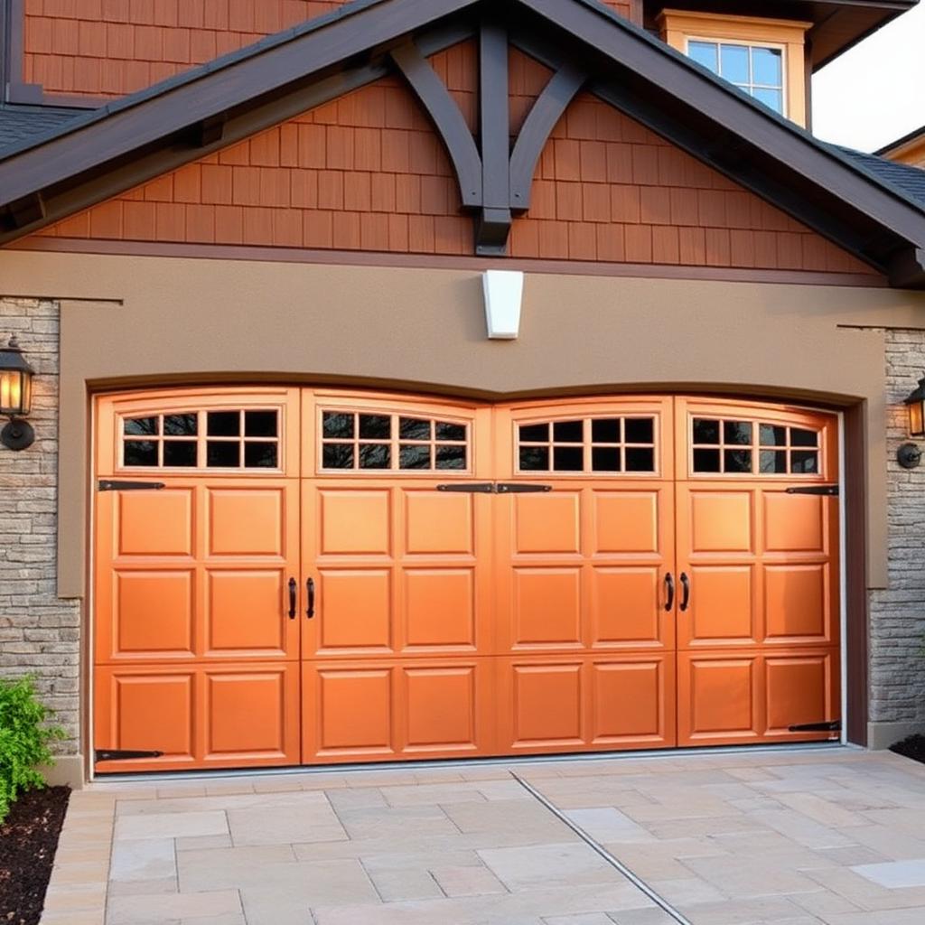 Carriage house style garage doors with decorative hardware